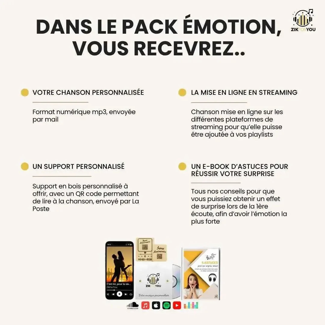 Pack Émotion complet ZikForYou - chanson personnalisée avec objets souvenirs gravés