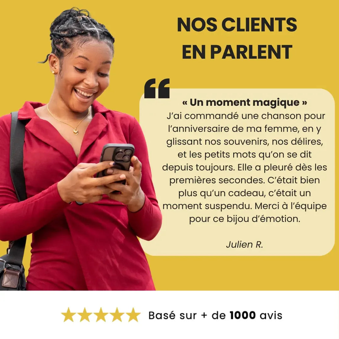 Témoignage client satisfait chanson personnalisée ZikForYou - avis 5 étoiles